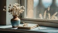 Ceramic vase with dried flowers and book on the window sill. Old vintage room interior decor, Leisure Royalty Free Stock Photo