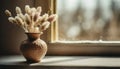 Ceramic vase with dried flowers on window sill. Old vintage room interior decor. Floral composition Royalty Free Stock Photo