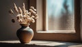 Ceramic vase with dried flowers on window sill. Old vintage room interior decor. Floral composition Royalty Free Stock Photo