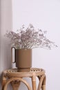 Ceramic vase with dry flowers on wicker table near white wall Royalty Free Stock Photo