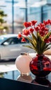 Ceramic vase holds fake red flowers on a glass table, showroom elegance.