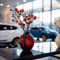 Ceramic vase holds fake red flowers on a glass table, showroom elegance.