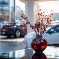 Ceramic vase holds fake red flowers on a glass table, showroom elegance.