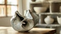 A ceramic vase with a sculptural form featuring abstract shapes and outs that add an artistic touch to any room.