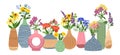 Ceramic vases with flowers. Interior floral pottery with gardens bouquets, different contemporary shapes, handmade porcelain