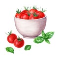 Ceramic white bowl, cherry tomatoes and basil. Hand drawn watercolor illustration for clip art, menu, label, package Royalty Free Stock Photo