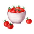 Ceramic white bowl and cherry tomatoes. Watercolor illustration isolated on white for clip art, menu, label, package Royalty Free Stock Photo