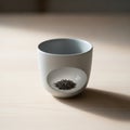 A ceramic white cup sits on a light wooden surface casting a soft shadow Royalty Free Stock Photo