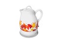 Ceramic white electric kettle with red leaves 3d render illustration on white background no shadow