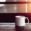 Ceramic white mug on a brown wood grain tabletop Royalty Free Stock Photo