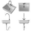 Ceramic white sink for the kitchen. Vector illustration, side view, front view, top view and general view