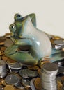 The ceramic young frog sits on a small group of coins