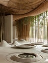 Ceramics exhibition in a bamboo-decorated amphitheater, desert winds stirring as a cyclone approaches, tablet interactive displays