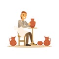 Ceramist man making ceramic pots, craft hobby or profession colorful character vector Illustration