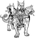 Cerberus hound of Hades with chain on his neck. Black and white