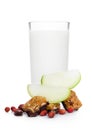 Cereal bar bits apple chocolate and glass of milk Royalty Free Stock Photo