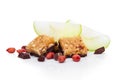 Cereal bar bits apple chocolate and peanuts Royalty Free Stock Photo