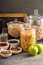 Cereal bar or buffet wih cornflakes, fruit and nuts Royalty Free Stock Photo