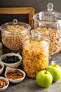 Cereal bar or buffet wih cornflakes, fruit and nuts Royalty Free Stock Photo