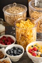 Cereal bar or buffet wih cornflakes, fruit and nuts Royalty Free Stock Photo