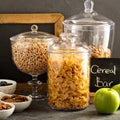 Cereal bar or buffet wih cornflakes, fruit and nuts Royalty Free Stock Photo
