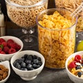 Cereal bar or buffet wih cornflakes, fruit and nuts Royalty Free Stock Photo
