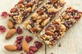 Cereal bars on a rustic board Royalty Free Stock Photo