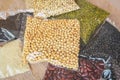 Cereal beans legumes peas lentils in package / product dry food with sesame soybean black eye pea mung and red bean , non