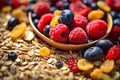 Cereal with berry fruit in the bowl. Close-up photography, background or wallpaper. Generative AI