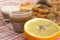 Cereal biscuits, grapefruit and a cup of tea or milk Royalty Free Stock Photo