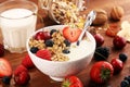 Cereal. Bowl of granola cereals, fruits and milk for breakfast. Muesli with cereals Royalty Free Stock Photo