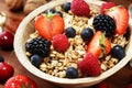 Cereal. Bowl of granola cereals, fruits and milk for breakfast. Muesli with cereals Royalty Free Stock Photo