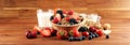 Cereal. Bowl of granola cereals, fruits and milk for breakfast. Muesli with cereals Royalty Free Stock Photo