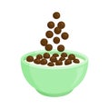 Cereal bowl milk breakfast, chocolate cornflakes icon, oatmeal food, granola plate, kids muesli, healthy eating. Cute vector Royalty Free Stock Photo