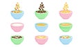 Cereal bowl milk breakfast, porridge and oatmeal food, cornflakes icon, fruit and chocolate granola plate, kids muesli, healthy Royalty Free Stock Photo