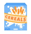 Cereal box illustration with wheat and milk splash. Breakfast cereal packaging design with vibrant colors. Nutritious Royalty Free Stock Photo