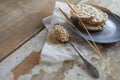 Cereal bread on vintage wooden table. Top side view with copy space. Selective focus