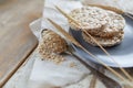 Cereal bread on vintage wooden table. Top side view with copy space. Selective focus