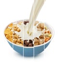 Cereal breakfast collage, granola and corn flakes with pouring milk Royalty Free Stock Photo