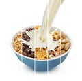 Cereal breakfast collage, granola and corn flakes with pouring milk Royalty Free Stock Photo