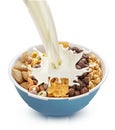 Cereal breakfast collage, granola and corn flakes with pouring milk Royalty Free Stock Photo