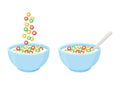 Cereal breakfast, healthy food, colorful crisp rings in milk. Ceramic bowl with falling sweet flakes and spoon. Vector Royalty Free Stock Photo