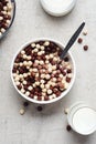Cereal chocolate balls in bowl with milk Royalty Free Stock Photo