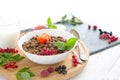 Cereal chocolate balls in bowl with milk on rustic wooden table Healthy tasty breakfast chocolate balls with Royalty Free Stock Photo