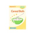 Cereal chocolate balls in box. Milk, oatmeal breakfast. Flat style