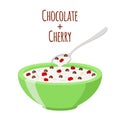 Cereal chocolate balls with cherry. Milk, oatmeal breakfast. Flat style.