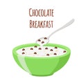 Cereal chocolate balls. Milk, spoon and oatmeal breakfast. Flat