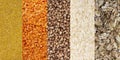 Cereal collage buckwheat corn oatmeal rice lentils Royalty Free Stock Photo