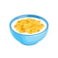 Cereal. Cornflakes flakes in a blue plate isolated on a white background. Vector illustration.