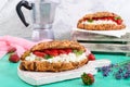 Cereal croissants with cream cheese and fresh strawberries. Useful breakfast Royalty Free Stock Photo